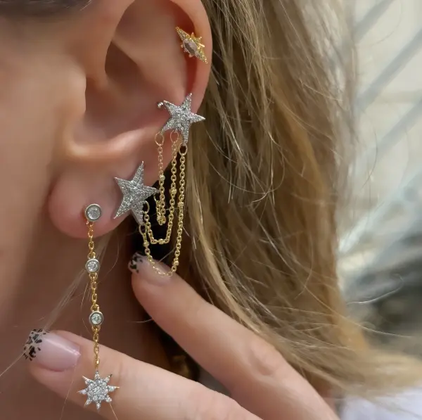 Yıldız Zincirli Mix Earcuff Kıkırdak Küpe