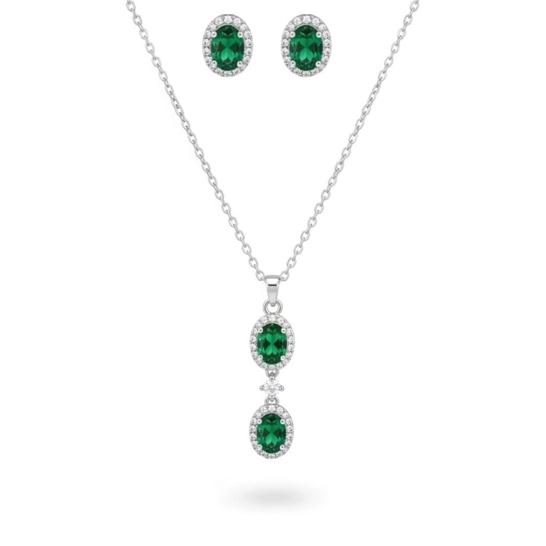 Zümrüt Yeşil Taşlı Diamonds Kolye Küpe Set