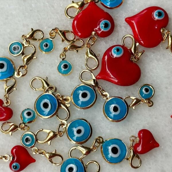 Murano Cam Nazarlı Kalp Midi Charm - Kolye Ucu