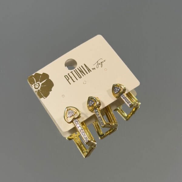 Kalp Dikdörtgen Halka 3’lü Küpe Seti