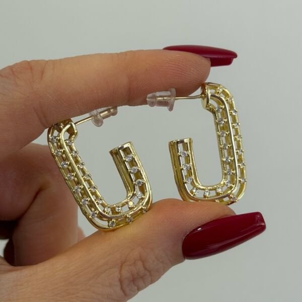 Taşlı Kafes Oval Halka Küpe