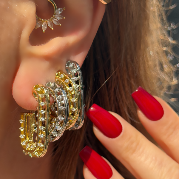 Taşlı Kafes Halka Küpe