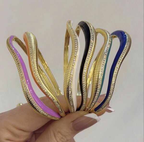 Renkli Taşlı Dalga Kelepçe Bilezik