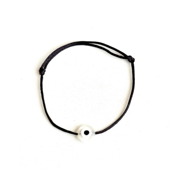 Beyaz Cam Nazar Boncuğu Siyah İp Bileklik