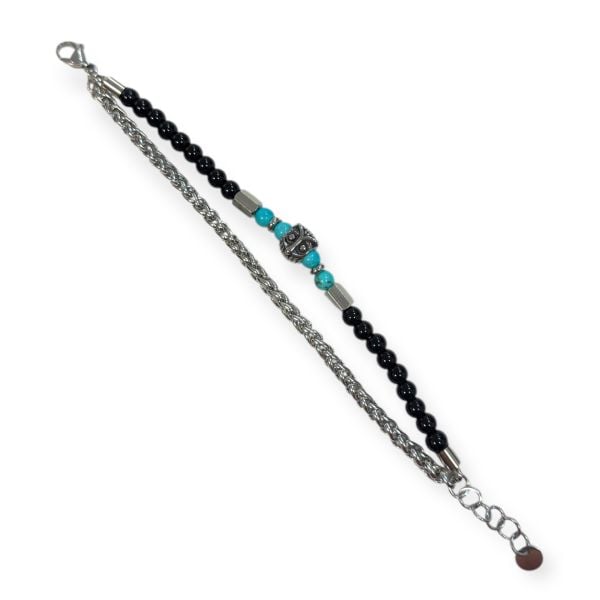 Baykuş Turkuaz Siyah Doğaltaş İkili Çelik Erkek Bileklik